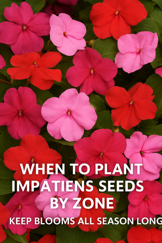 Vibrant red, pink, and white impatiens flowers in full bloom under soft shade, showing lush garden growth from seeds planted at the right time by zone