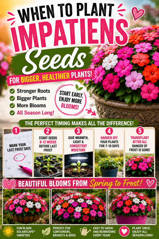 Healthy impatiens seedlings and colorful blooming impatiens in containers and hanging baskets, illustrating the best time to plant impatiens seeds for stronger roots, healthier plants, and bigger blooms all season long.