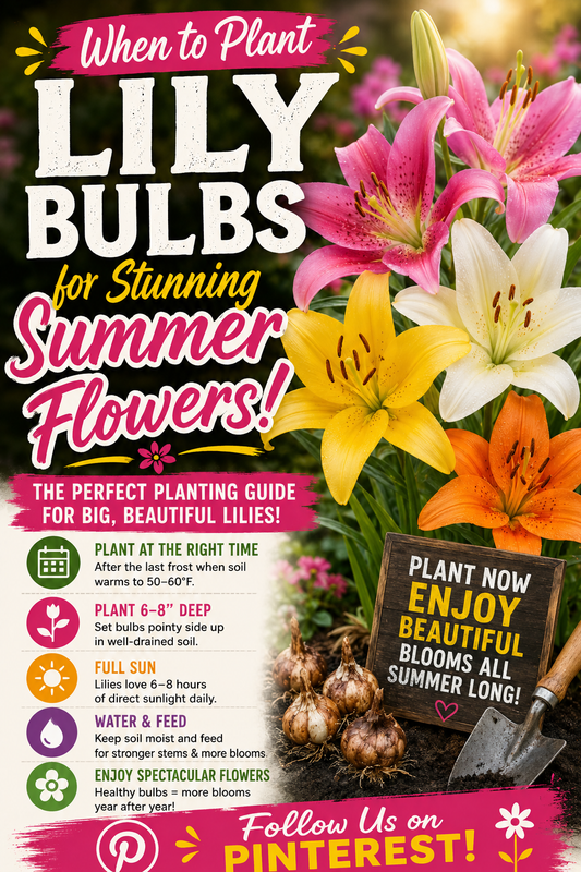 Colorful pink, yellow, white, and orange lilies blooming in a sunny garden with lily bulbs ready for planting, illustrating the best time to plant lily bulbs for healthy plants and spectacular summer flowers.