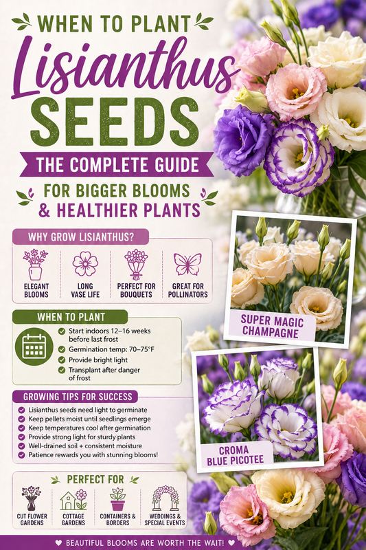 Beautiful lisianthus flowers in shades of champagne, pink, white, and blue-purple blooming in a cut flower garden, illustrating the best time to plant lisianthus seeds for healthier plants, stronger stems, and larger blooms.