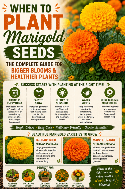 Bright orange and golden African marigolds blooming in a sunny garden, showing the best time to plant marigold seeds for bigger blooms, healthier plants, and season-long color.