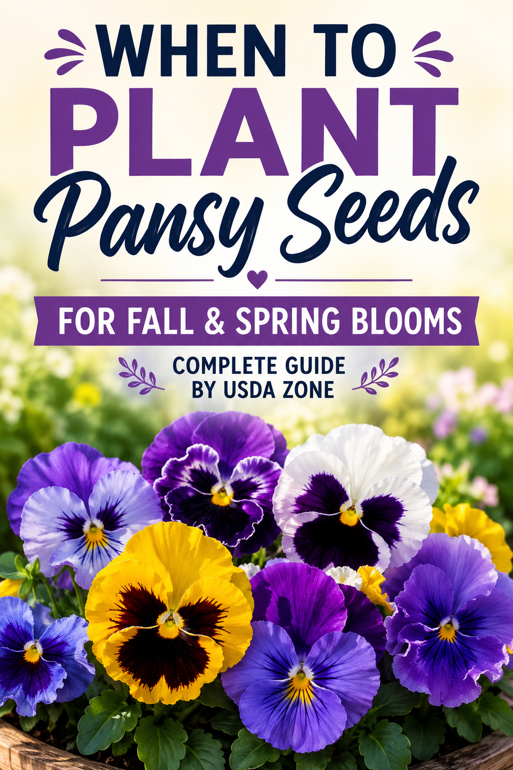 Colorful pansy flowers illustrating when to plant pansy seeds for fall and spring blooms by USDA growing zone with seed starting and planting timing guide
