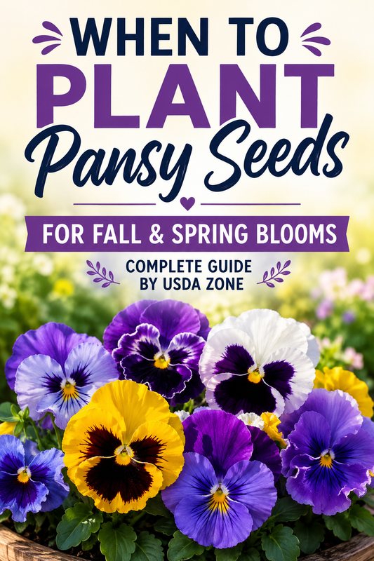Colorful pansy flowers illustrating when to plant pansy seeds for fall and spring blooms by USDA growing zone with seed starting and planting timing guide