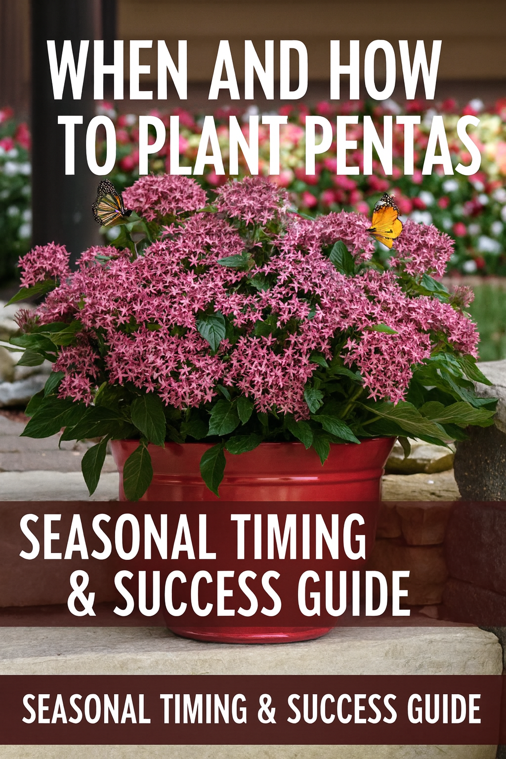Pink Pentas flowers in a red pot on garden steps — when and how to plant pelleted Pentas seeds for strong growth and vibrant summer blooms.