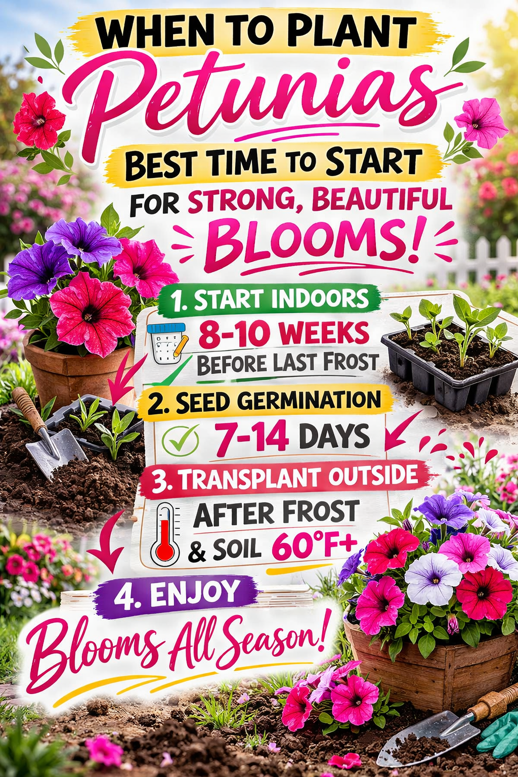 When to plant petunias planting guide showing best time to start petunia seeds indoors and transplant outside for strong blooms all summer.