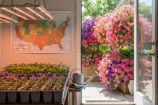 Petunia seedlings in starter trays under grow lights ready for transplanting outdoors by USDA hardiness zone