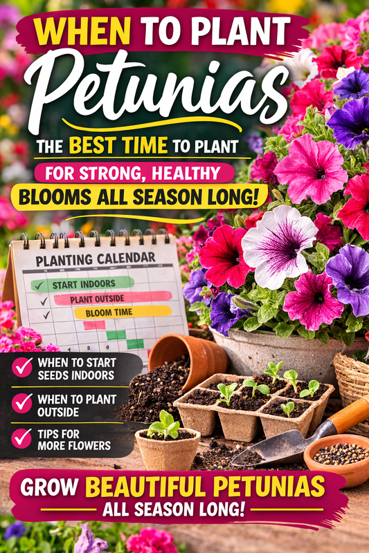 When to plant petunias growing guide showing colorful petunia flowers and seed starting tips for planting petunia seeds at the best time for strong blooms.