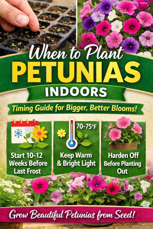 When to plant petunias indoors with seed trays and blooming petunia flowers showing timing for starting petunia seeds 10 to 12 weeks before last frost for bigger blooms