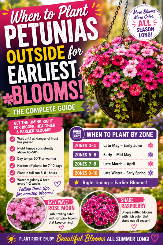 Beautiful pink petunias overflowing from a hanging basket, showing the best time to plant petunias outside for earlier blooms, healthier plants, and continuous flowers throughout the growing season.