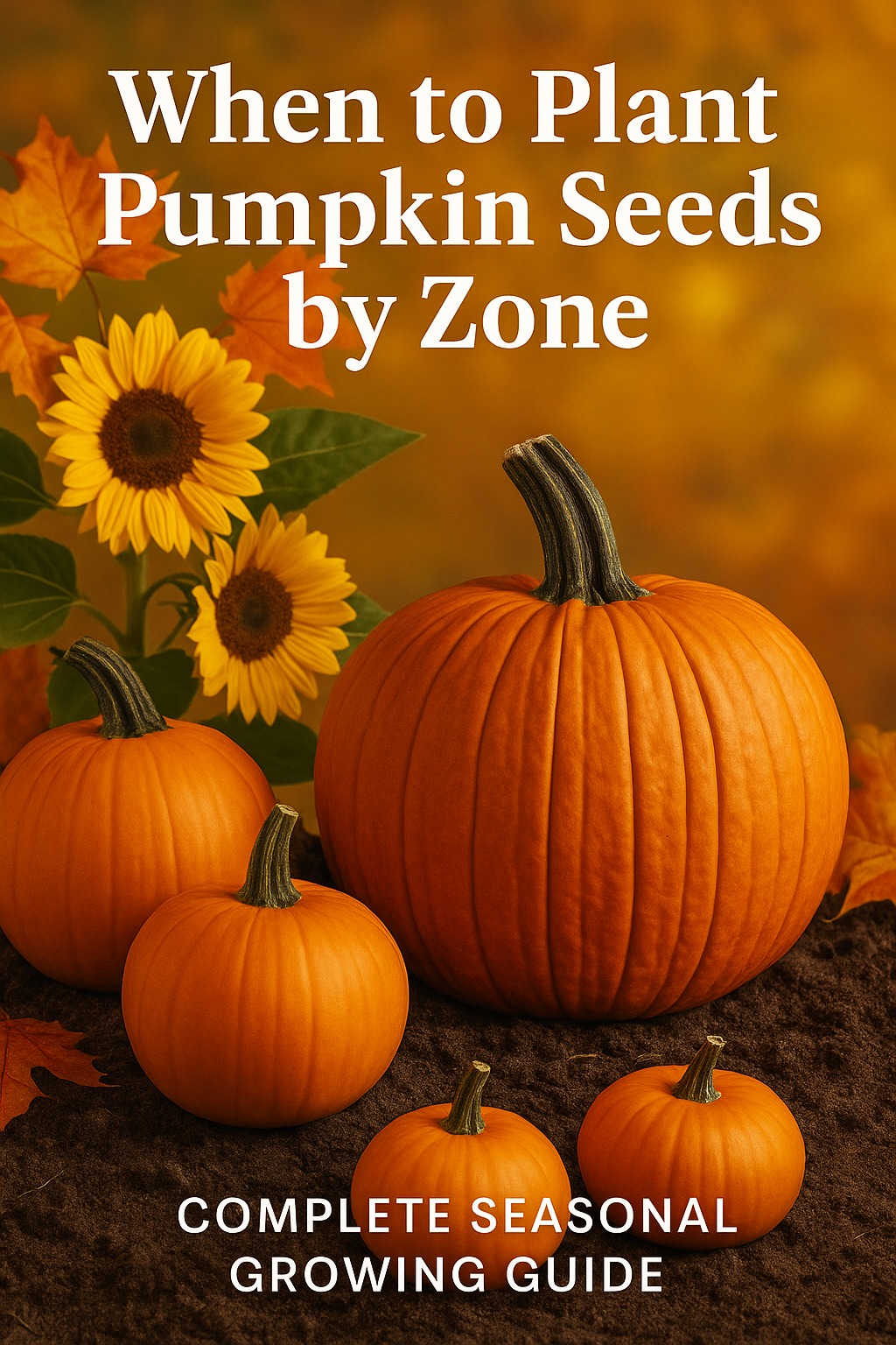 When to Plant Pumpkin Seeds by Zone image showing pumpkins, soil, and gardening tools arranged in warm autumn tones for a seasonal planting guide.