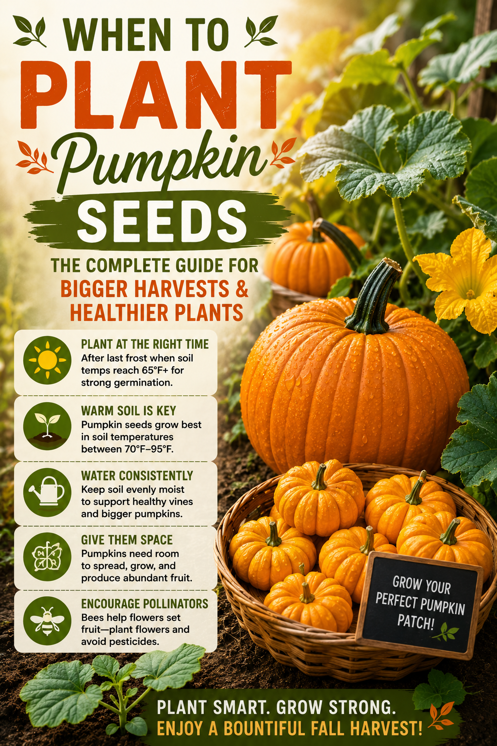 Healthy pumpkin vines growing in a garden with mature orange pumpkins and miniature pumpkins, showing the best time to plant pumpkin seeds for larger harvests and healthier plants.