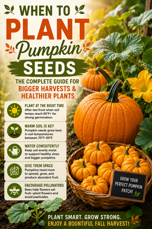 Healthy pumpkin vines growing in a garden with mature orange pumpkins and miniature pumpkins, showing the best time to plant pumpkin seeds for larger harvests and healthier plants.