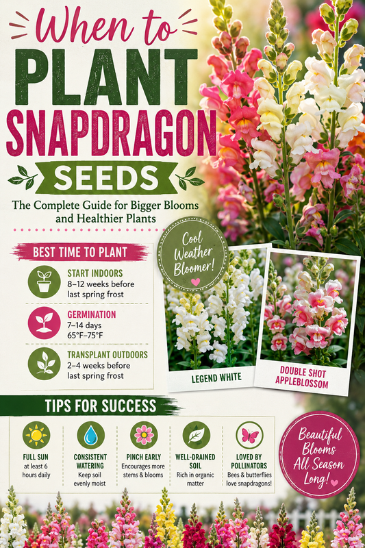 Colorful snapdragon flowers in shades of pink, white, yellow, and peach blooming in a sunny garden, illustrating the best time to plant snapdragon seeds for bigger blooms, healthier plants, and long-lasting cut flowers.