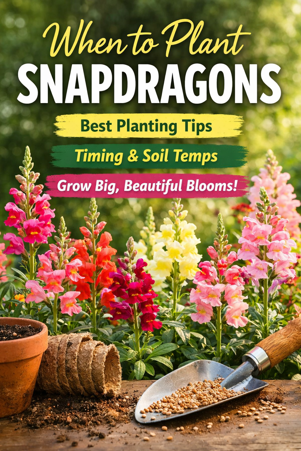 When to plant snapdragons guide showing colorful snapdragon flowers growing in a garden and tips for planting snapdragon seeds at the correct time for strong blooms.