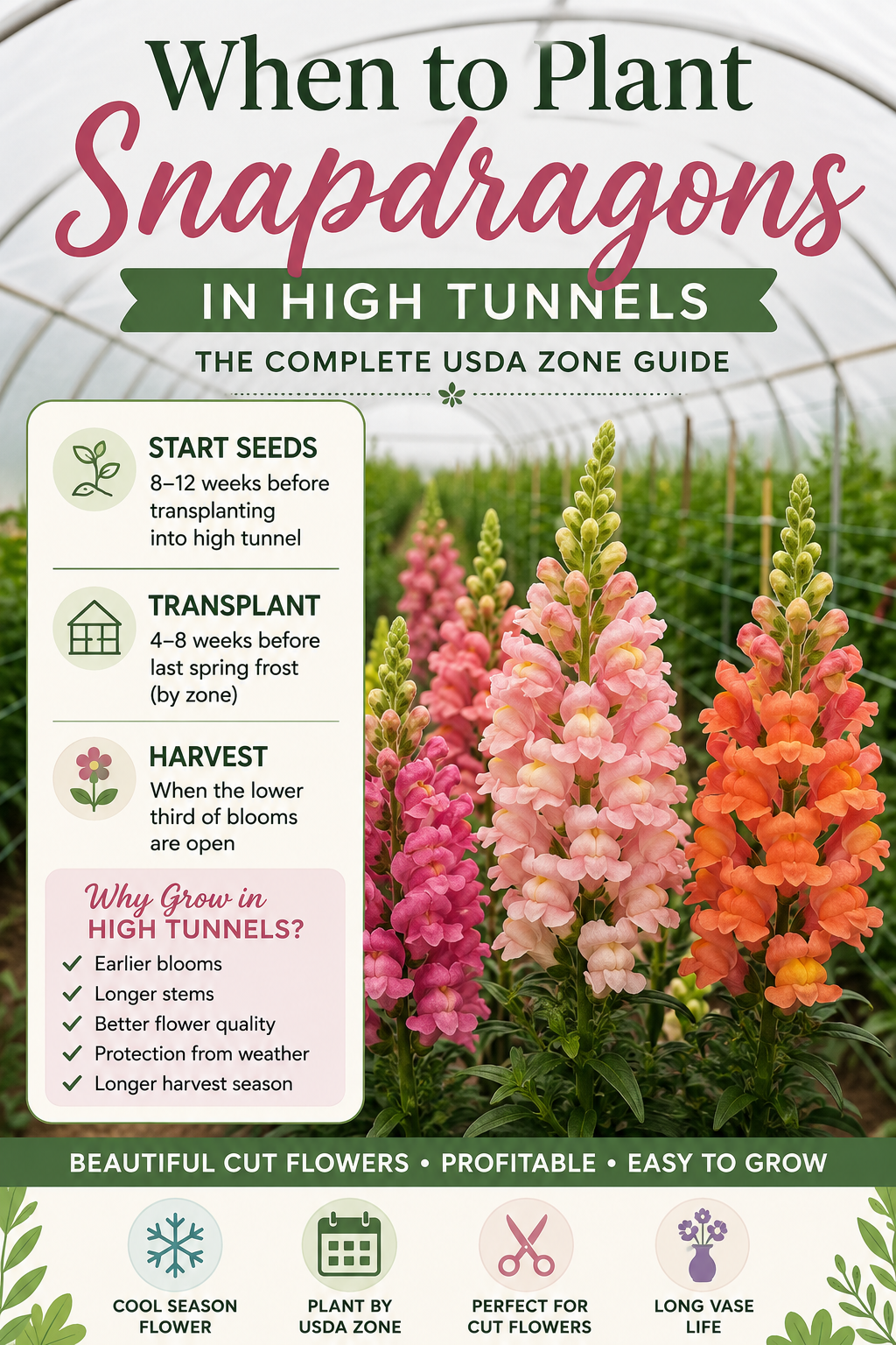 Colorful snapdragons growing inside a high tunnel for cut flower production.