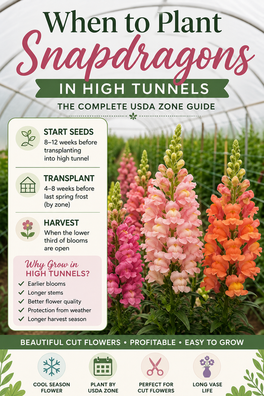 Colorful snapdragons growing inside a high tunnel for cut flower production.