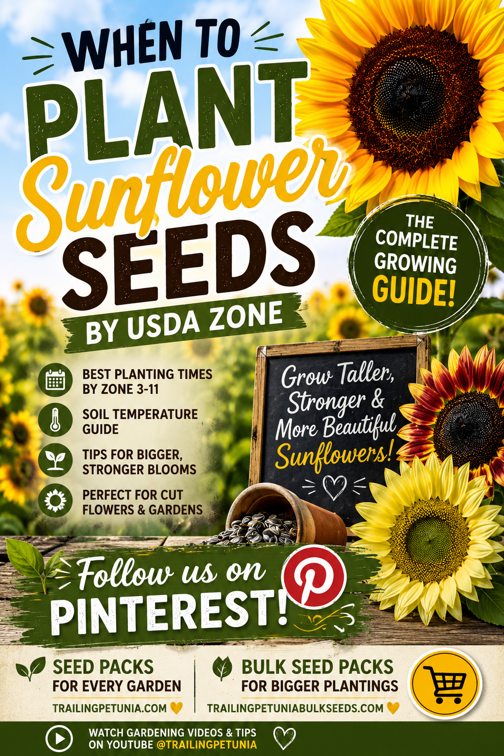 Sunflowers growing in a garden with a guide showing when to plant sunflower seeds by USDA Zone for healthy plants and bigger blooms.