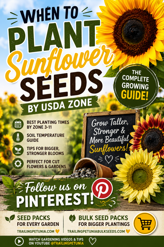 Sunflowers growing in a garden with a guide showing when to plant sunflower seeds by USDA Zone for healthy plants and bigger blooms.