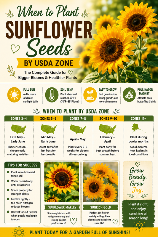 Sunflower planting guide by USDA Zone showing the best time to plant sunflower seeds for bigger blooms and healthier plants.