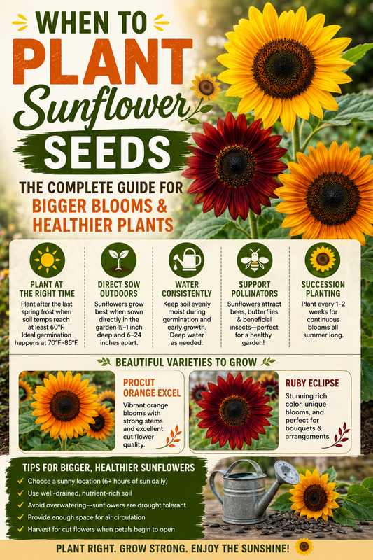 Bright yellow and ruby-colored sunflowers blooming in a sunny garden, showing the best time to plant sunflower seeds for bigger blooms, healthier plants, and continuous summer flowers.