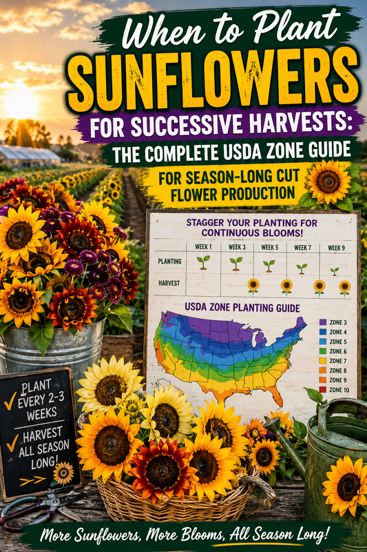 Colorful sunflower field showing when to plant sunflowers by USDA zone for successive harvests and season-long cut flower production.