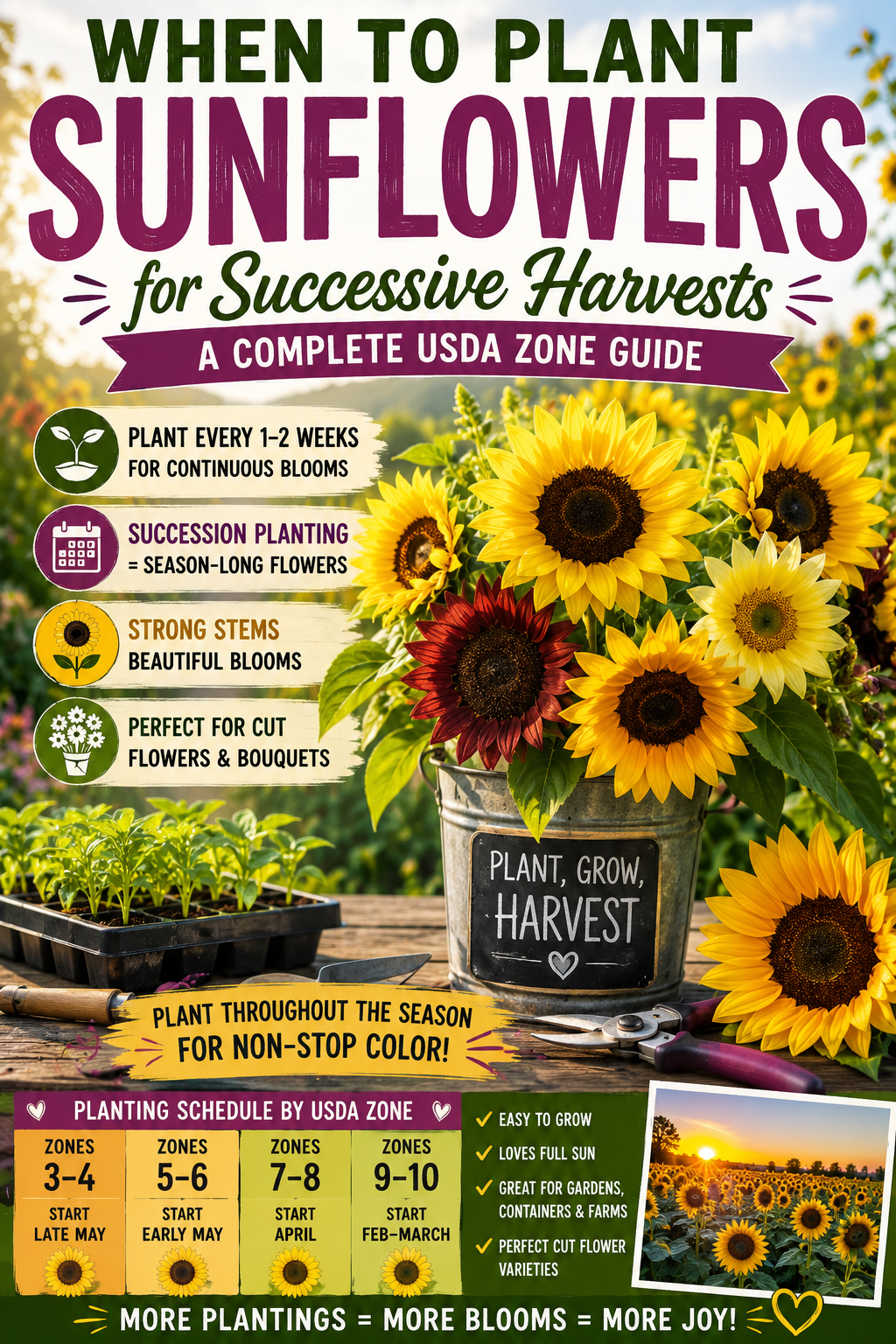 Colorful sunflowers showing when to plant for successive harvests and season-long cut flower blooms.