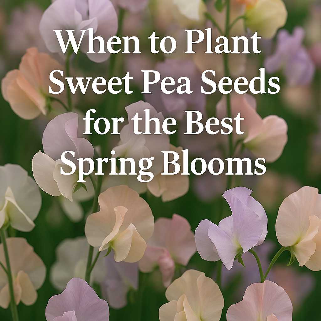 Pastel sweet pea flowers with text overlay showing when to plant sweet pea seeds for the best spring blooms