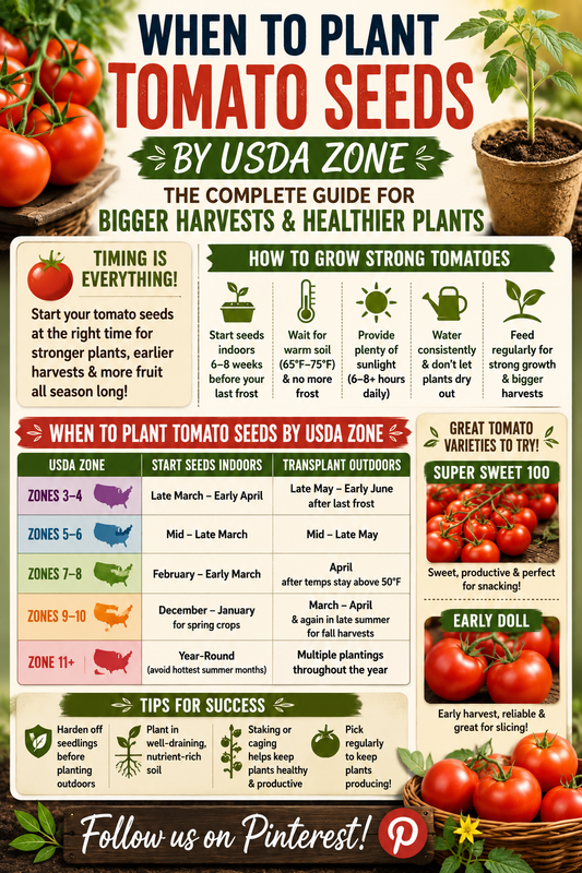 Healthy tomato seedlings, ripe tomatoes, and a USDA planting zone guide showing the best time to start tomato seeds indoors and transplant them outside for bigger harvests.