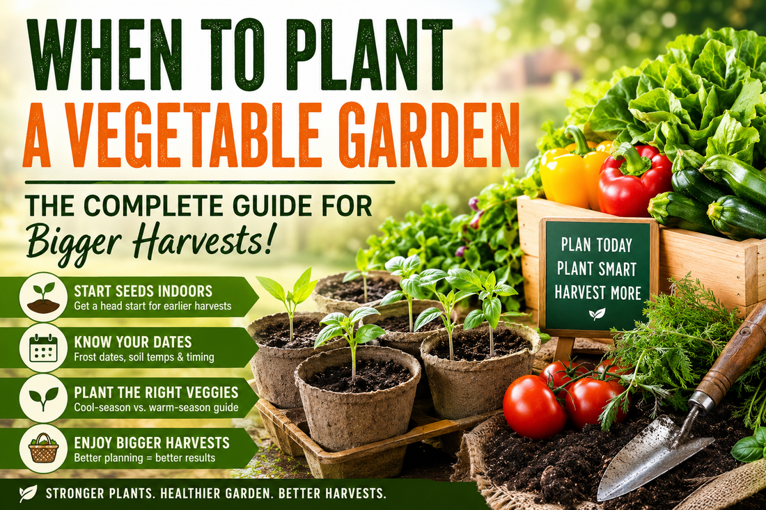 Vegetable garden planting guide showing young seedlings, tomatoes, peppers, lettuce, and garden vegetables with tips on when to plant a vegetable garden for bigger harvests.
