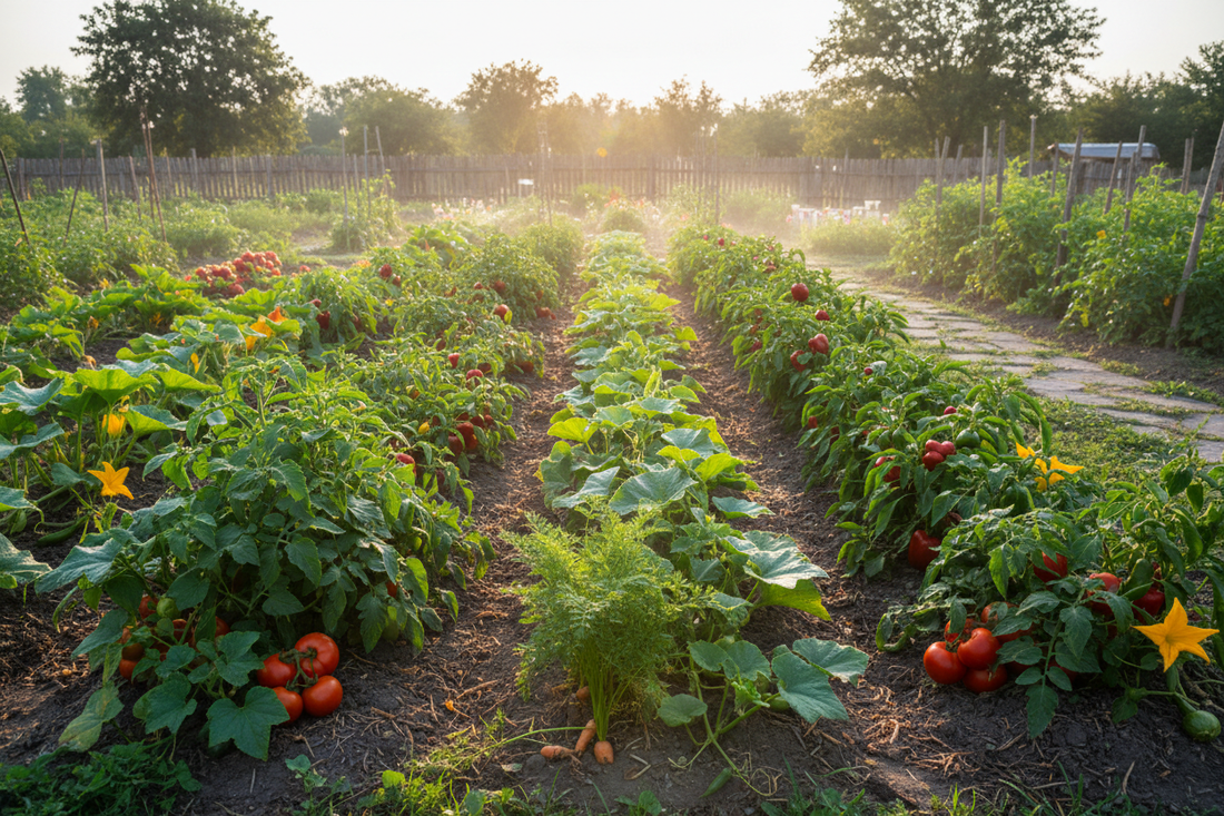 Lush vegetable garden with tomatoes, cucumbers, carrots, peppers, and squash growing in rich soil