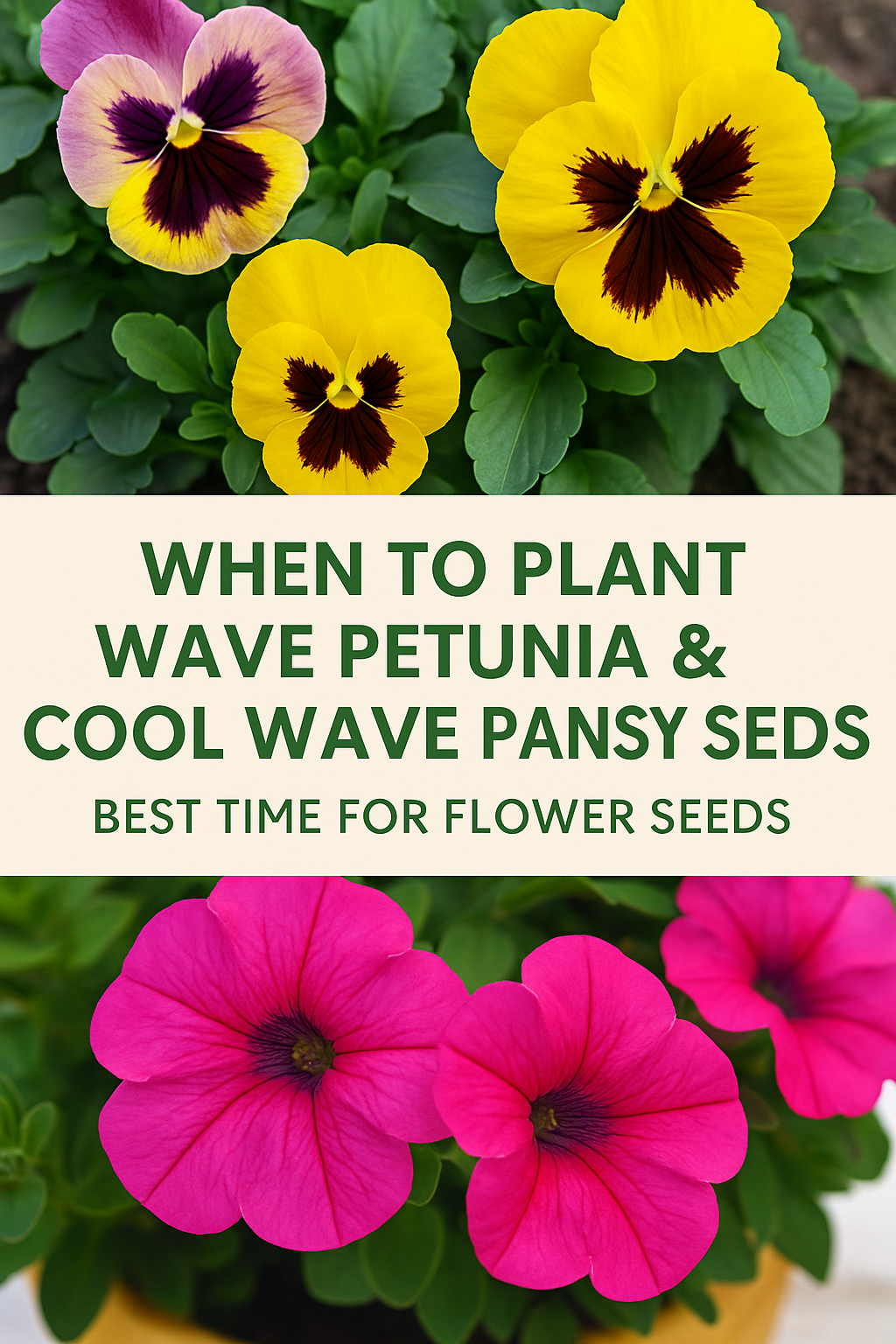 Wave Petunia and Cool Wave Pansy blooms showing the best time to plant flower seeds for spring and fall color.