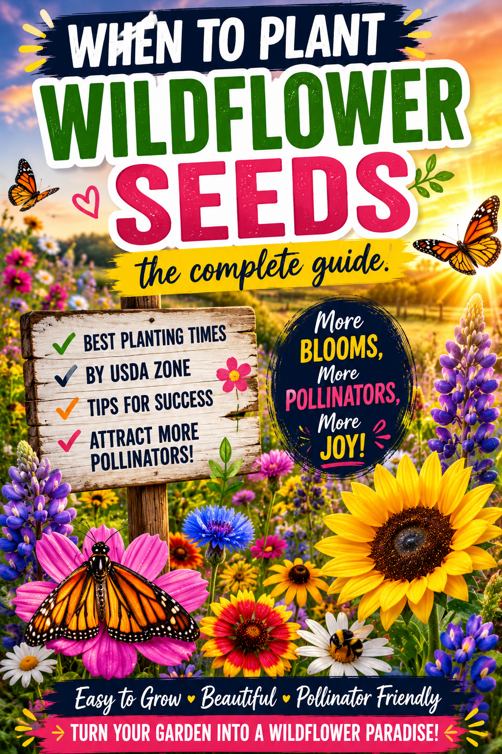 Colorful wildflower meadow filled with lupines, sunflowers, cosmos, daisies, butterflies, and pollinators illustrating the best time to plant wildflower seeds for maximum blooms and a thriving pollinator garden.