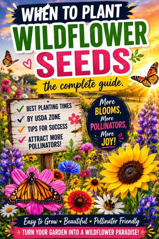 Colorful wildflower meadow filled with lupines, sunflowers, cosmos, daisies, butterflies, and pollinators illustrating the best time to plant wildflower seeds for maximum blooms and a thriving pollinator garden.