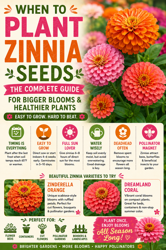 Colorful pink, coral, and orange zinnia flowers blooming in a sunny garden, showing the best time to plant zinnia seeds for bigger blooms, healthier plants, and season-long color.