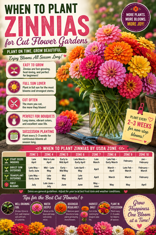 Colorful zinnias showing when to plant by USDA zone for beautiful cut flower gardens and season-long blooms.