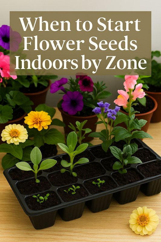 Seed trays of petunias, lisianthus, and zinnias growing under soft indoor light
