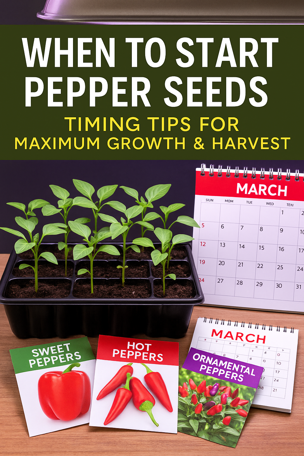 Trays of young pepper seedlings under grow lights with seed packets and a calendar, showing the best indoor timing for starting hot and sweet pepper seeds for maximum yields.