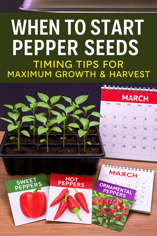 Trays of young pepper seedlings under grow lights with seed packets and a calendar, showing the best indoor timing for starting hot and sweet pepper seeds for maximum yields.