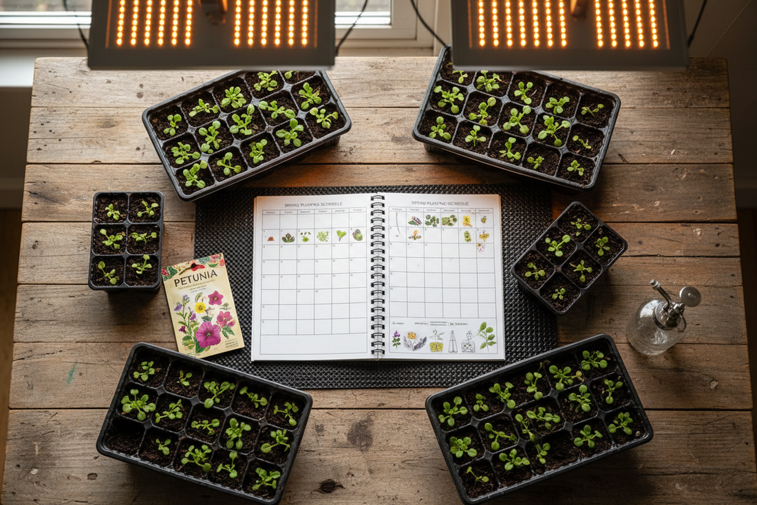 Petunia seed starting calendar with seedling trays under grow lights, seed packet, heat mat and misting bottle on a garden table