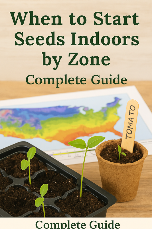 Seed starting tray with young tomato seedlings beside a USDA hardiness zone map, illustrating when to start seeds indoors by zone – complete gardening guide.