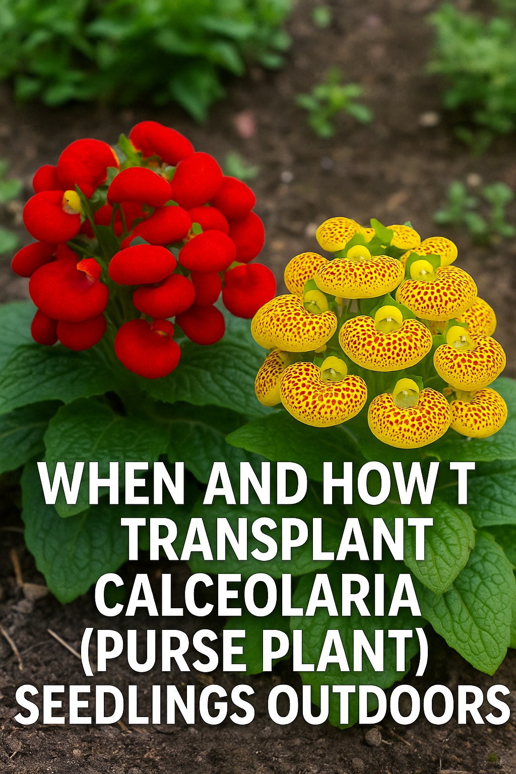 Close-up of colorful Calceolaria purse plant blooms with text overlay “When to Transplant Calceolaria Seedlings | Purse Plant Guide.” Perfect for Pinterest and garden blogs about seed starting and transplanting tips.