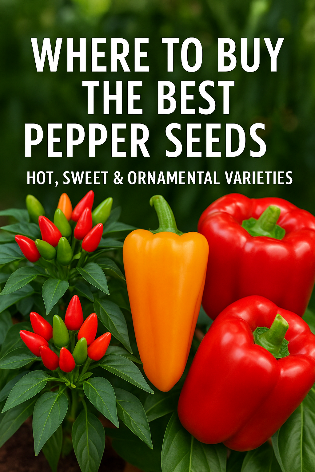 Vibrant red, orange, and green peppers featuring hot, sweet, and ornamental types — guide to finding and buying the best pepper seeds for home and greenhouse growing.