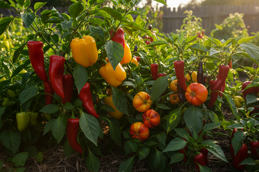Hot and sweet pepper seeds growing on lush plants — jalapeño, chili, bell, and ornamental varieties available at trailingpetunia.com