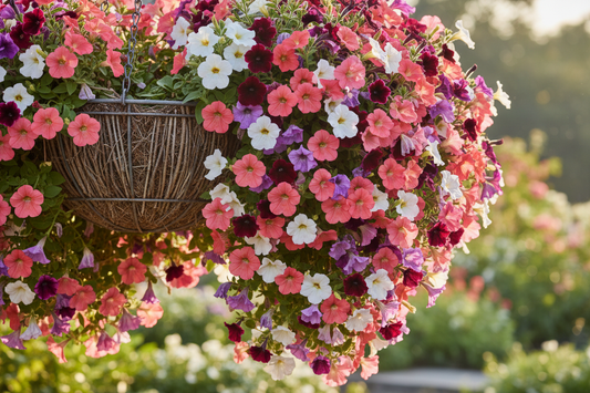 Cascading Easy Wave petunia blooms in coral, burgundy, pink, violet, and white spilling from a rustic hanging basket in a garden setting