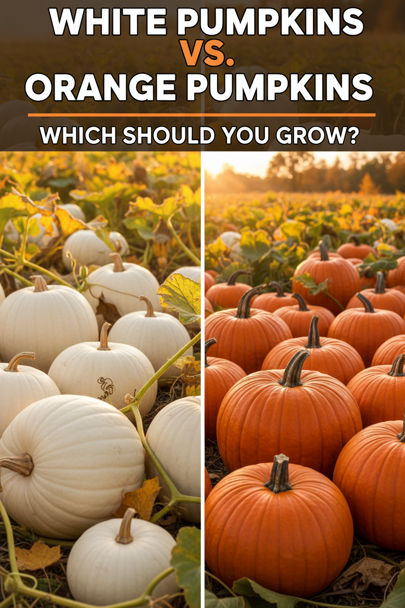 White pumpkins vs. orange pumpkins comparison showing colorful fall pumpkins and the differences between both types for growing, decorating, and harvesting.