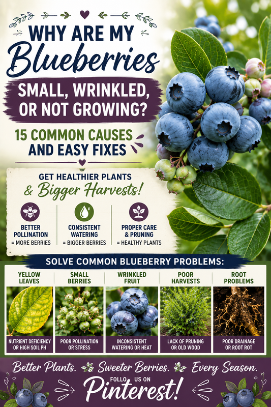 Blueberry plant with small, wrinkled berries showing common fruit development problems.