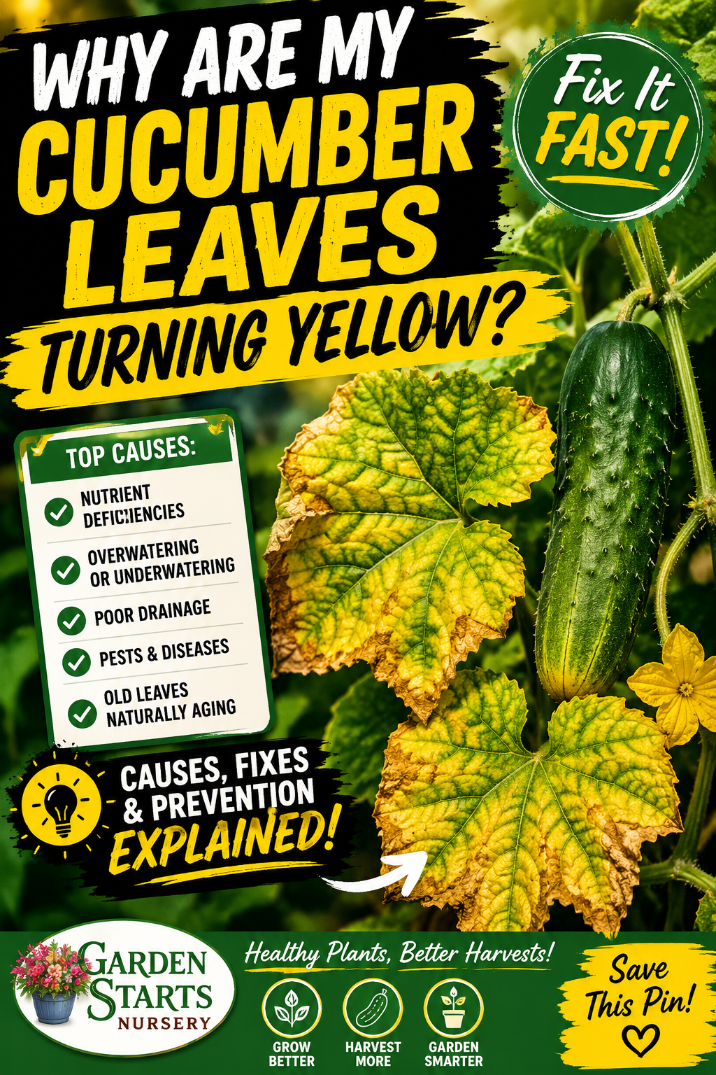 Yellow cucumber leaves on a healthy cucumber plant showing common signs of nutrient deficiencies, watering problems, pests, or disease with tips to identify and fix the issue.