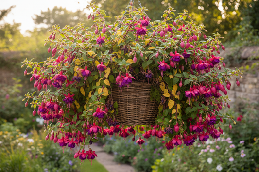 Fuchsia hanging basket with wilting and yellowing leaves showing signs of decline