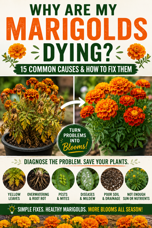healthy and struggling marigold plants showing common causes of marigold problems including yellow leaves overwatering pests and disease