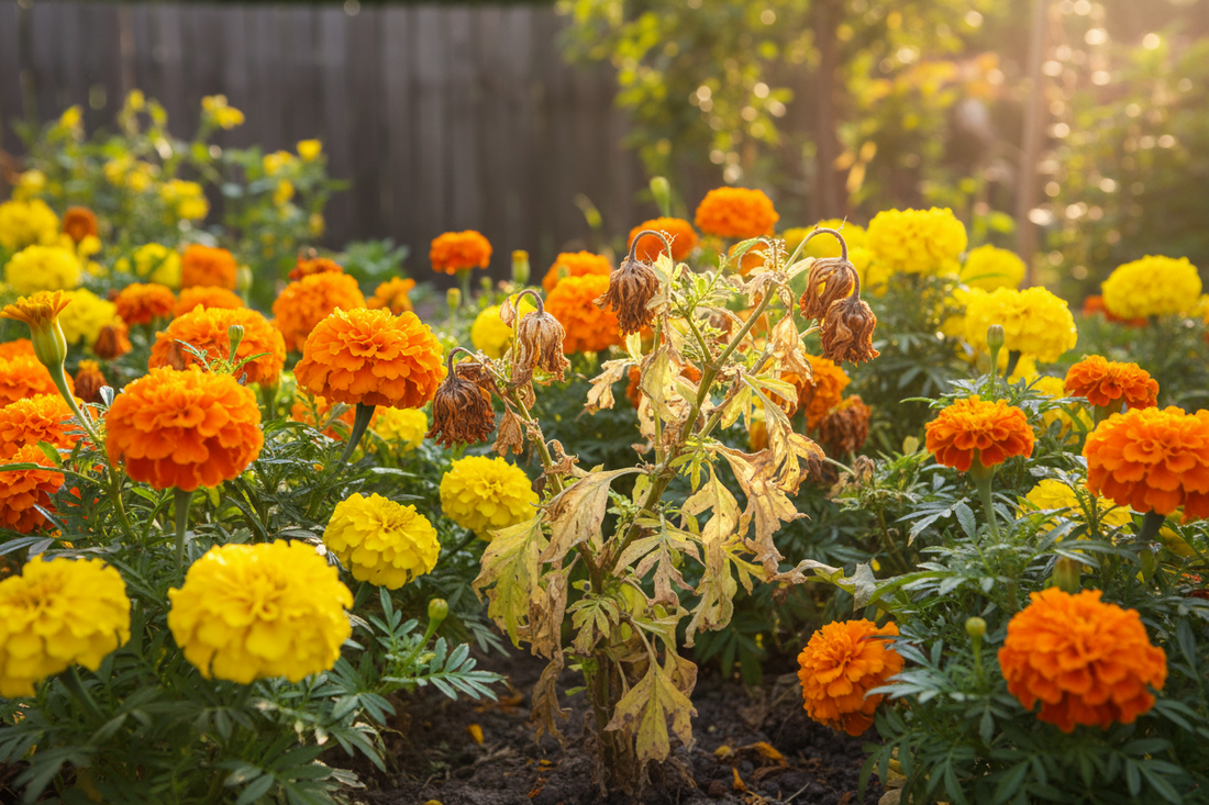  Marigold plants in a sunny garden showing healthy orange blooms alongside wilting and yellowing plants — troubleshooting guide